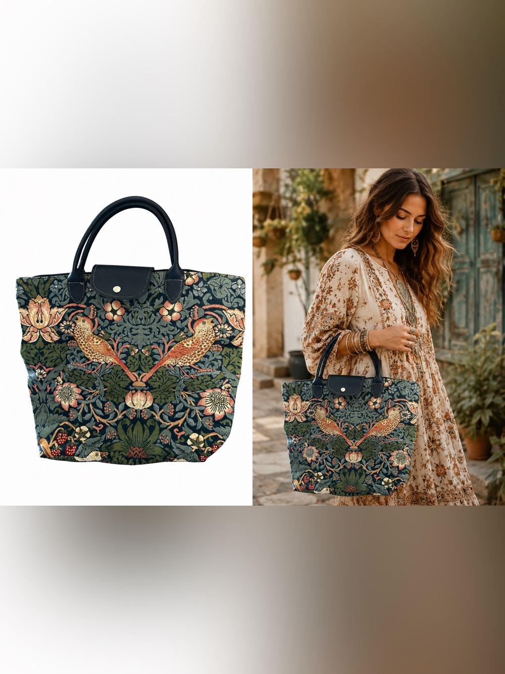Navy Floral Bird Tapestry Tote